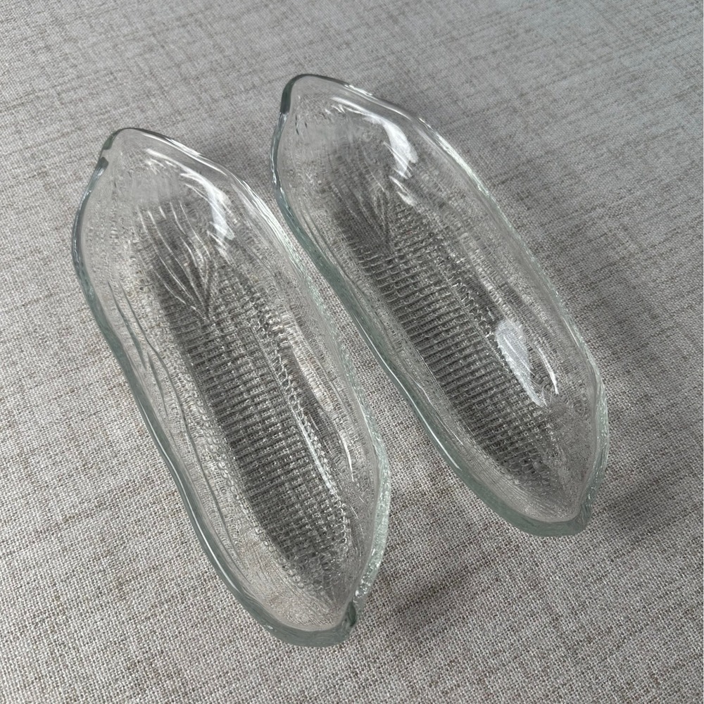Vintage Set of 2 Glass Corn on the Cob Dishes | Corn-Shaped Serving Plates